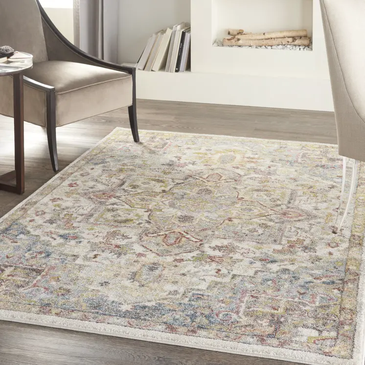 5' X 7' Ivory Green and Gray Floral Medallion Area Rug