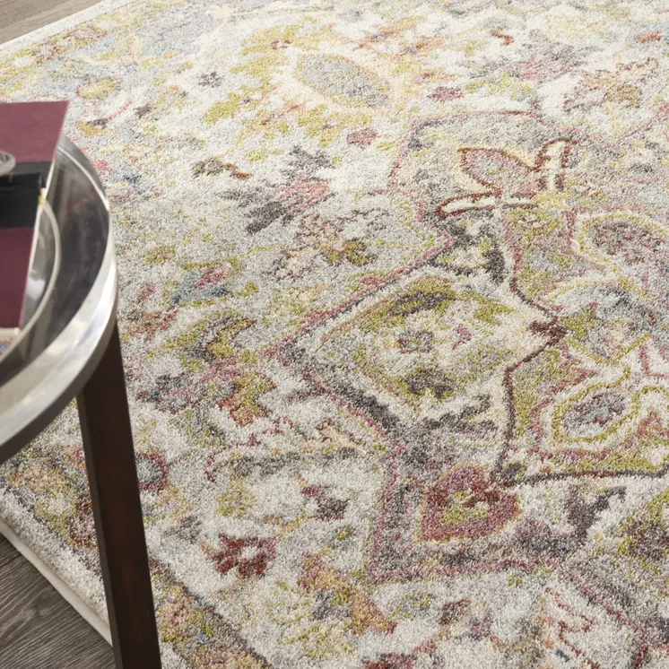 5' X 7' Ivory Green and Gray Floral Medallion Area Rug