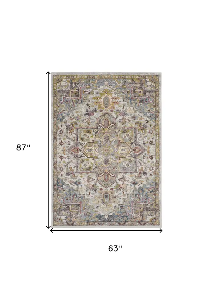 5' X 7' Ivory Green and Gray Floral Medallion Area Rug
