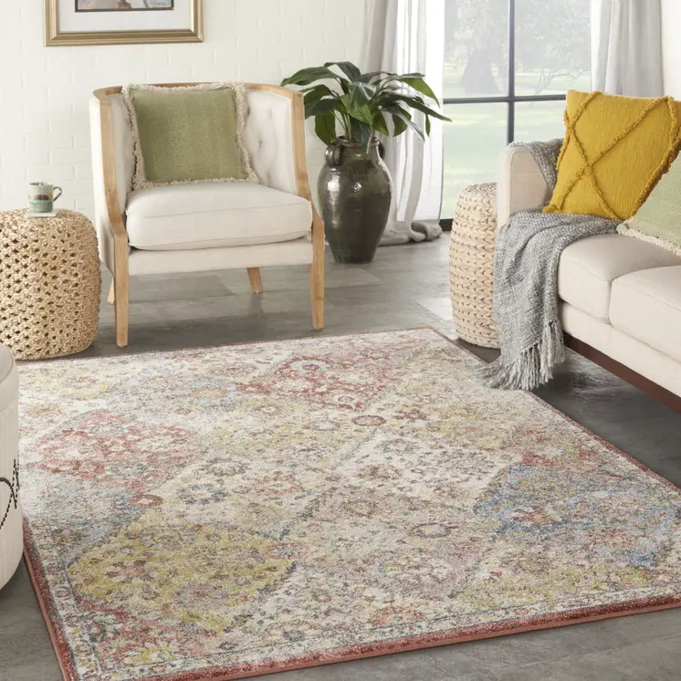 5' X 7' Green and Ivory Floral Distressed Area Rug