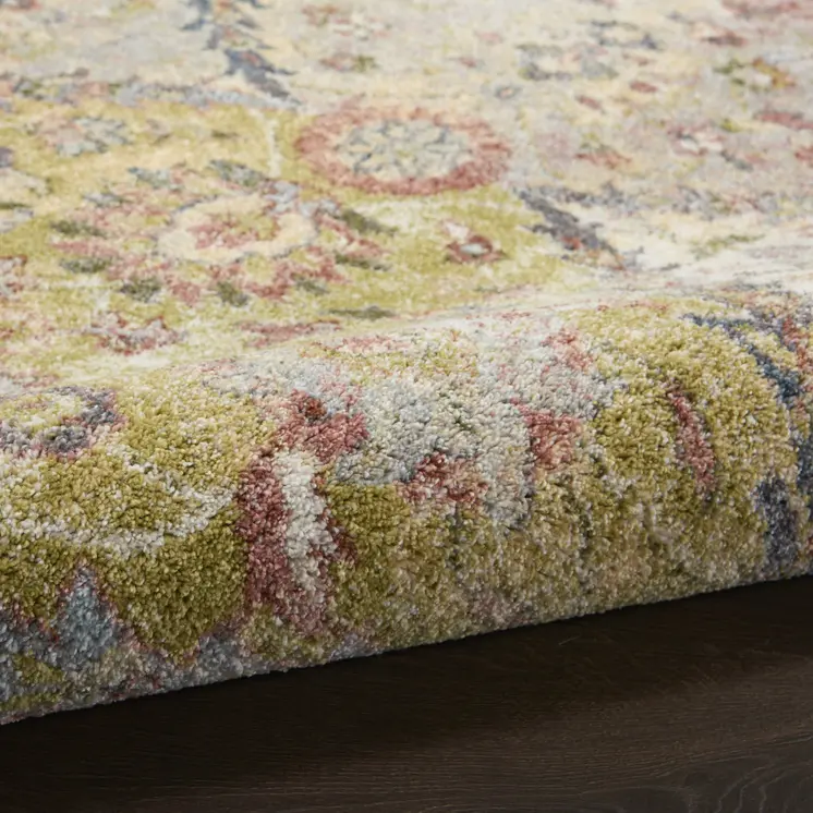 5' X 7' Green and Ivory Floral Distressed Area Rug