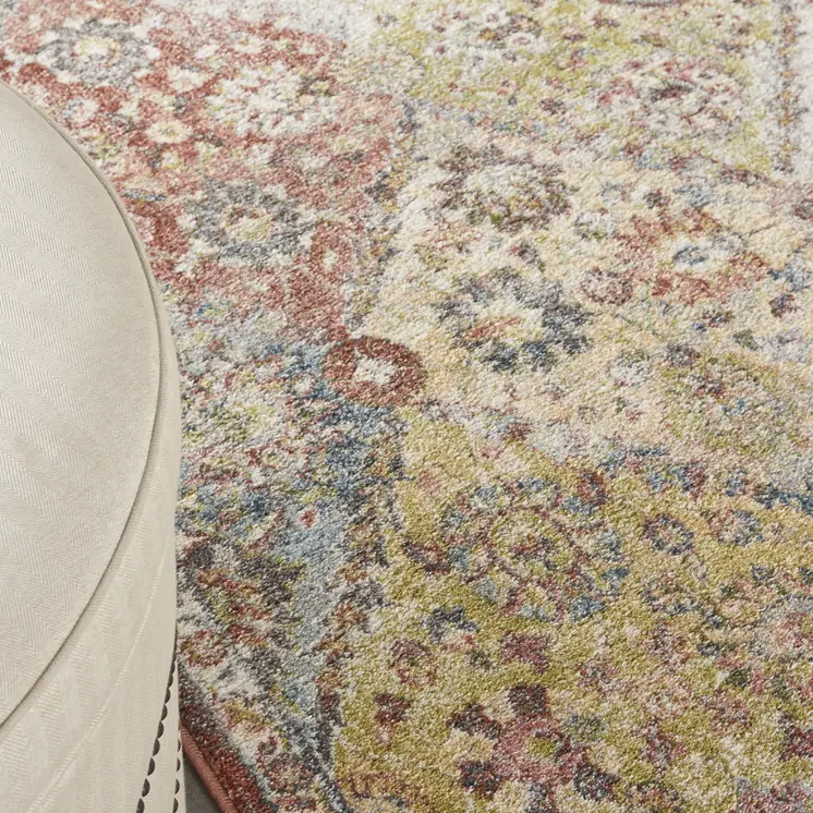 5' X 7' Green and Ivory Floral Distressed Area Rug