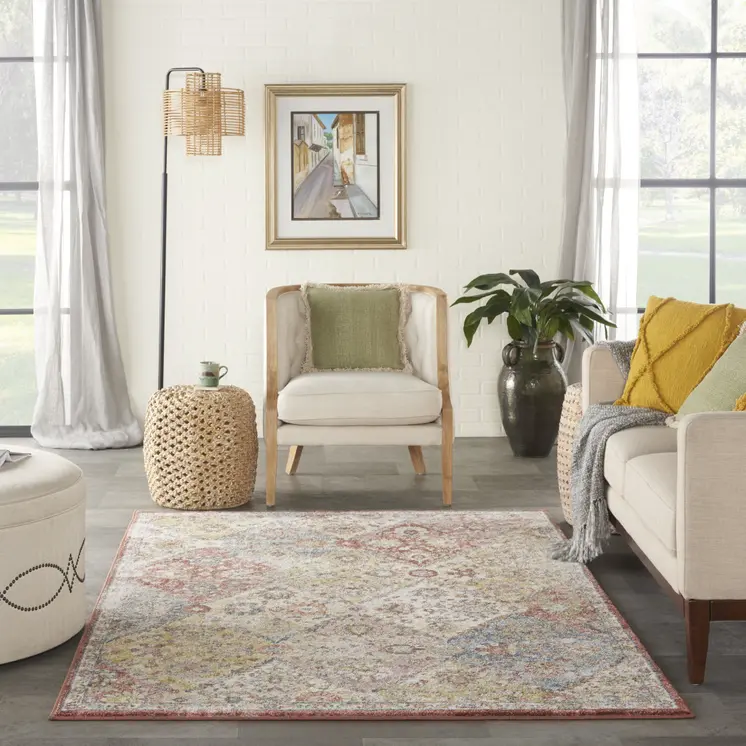 5' X 7' Green and Ivory Floral Distressed Area Rug