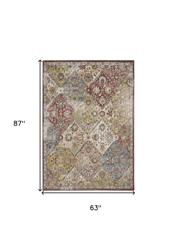 5' X 7' Green and Ivory Floral Distressed Area Rug