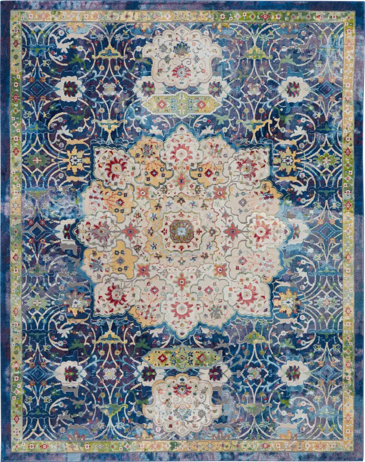8' X 10' Ivory Blue and Green Floral Medallion Distressed Non Skid Area Rug