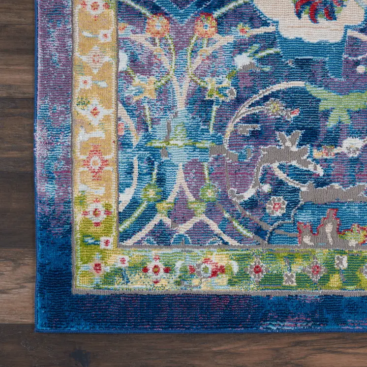 8' X 10' Ivory Blue and Green Floral Medallion Distressed Non Skid Area Rug