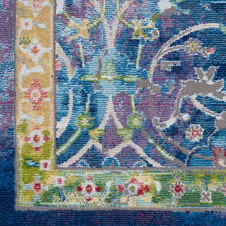 8' X 10' Ivory Blue and Green Floral Medallion Distressed Non Skid Area Rug