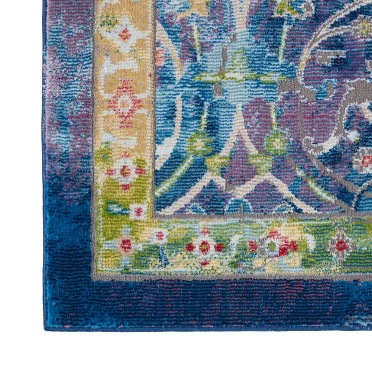 8' X 10' Ivory Blue and Green Floral Medallion Distressed Non Skid Area Rug