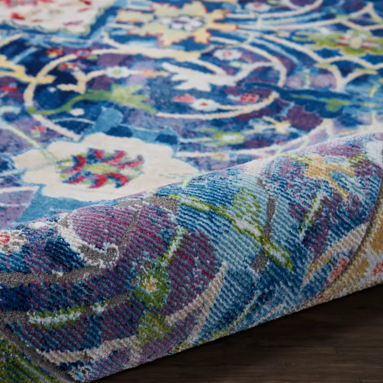 8' X 10' Ivory Blue and Green Floral Medallion Distressed Non Skid Area Rug