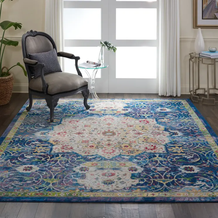 8' X 10' Ivory Blue and Green Floral Medallion Distressed Non Skid Area Rug