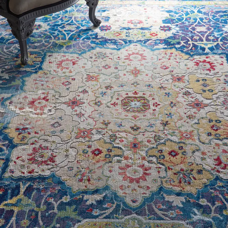 8' X 10' Ivory Blue and Green Floral Medallion Distressed Non Skid Area Rug