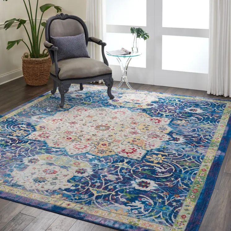 8' X 10' Ivory Blue and Green Floral Medallion Distressed Non Skid Area Rug
