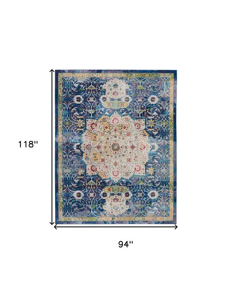 8' X 10' Ivory Blue and Green Floral Medallion Distressed Non Skid Area Rug