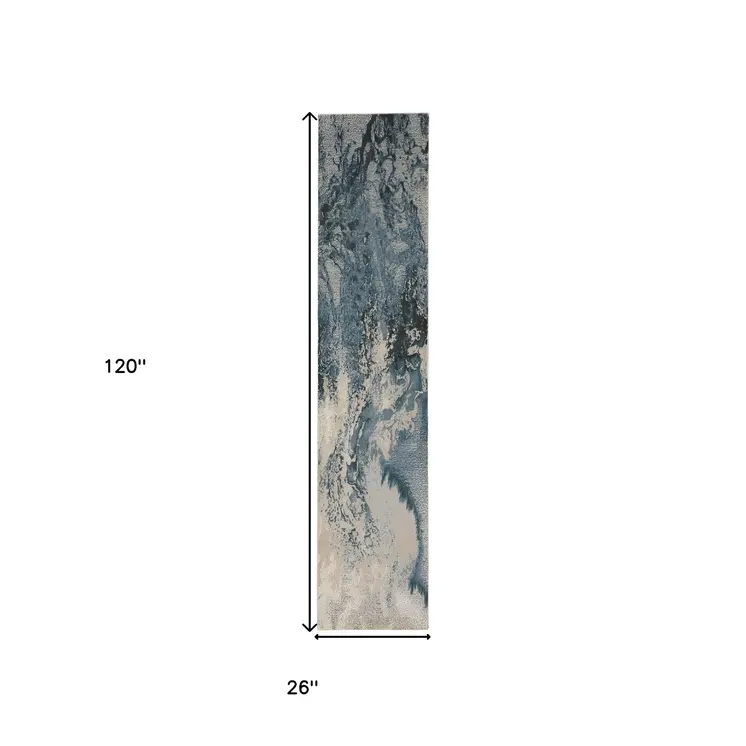 10' Ivory Teal Blue and Black Abstract Non Skid Runner Rug