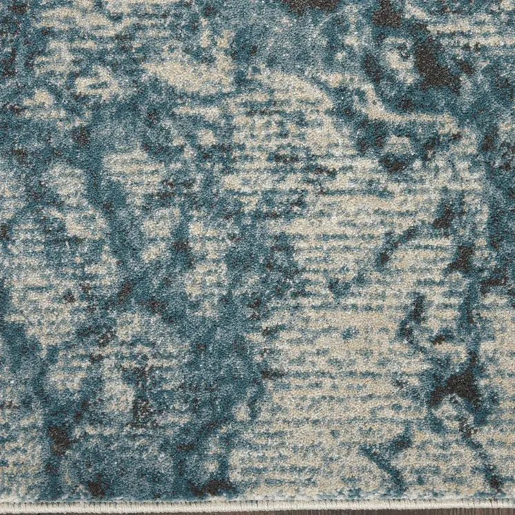 10' Ivory Teal Blue and Black Abstract Non Skid Runner Rug