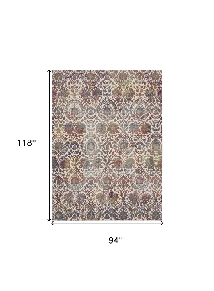 8' X 10' White and Golden Brown Floral Distressed Non Skid Area Rug