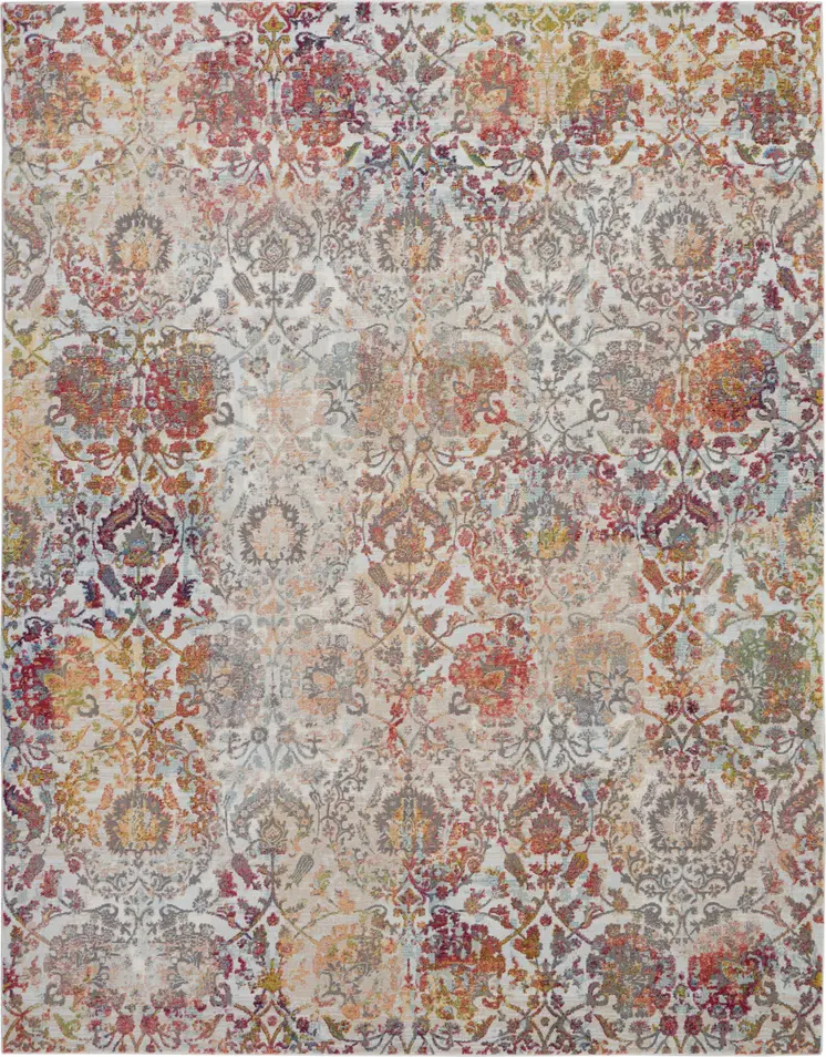 8' X 10' Ivory Gray and Orange Floral Distressed Non Skid Area Rug