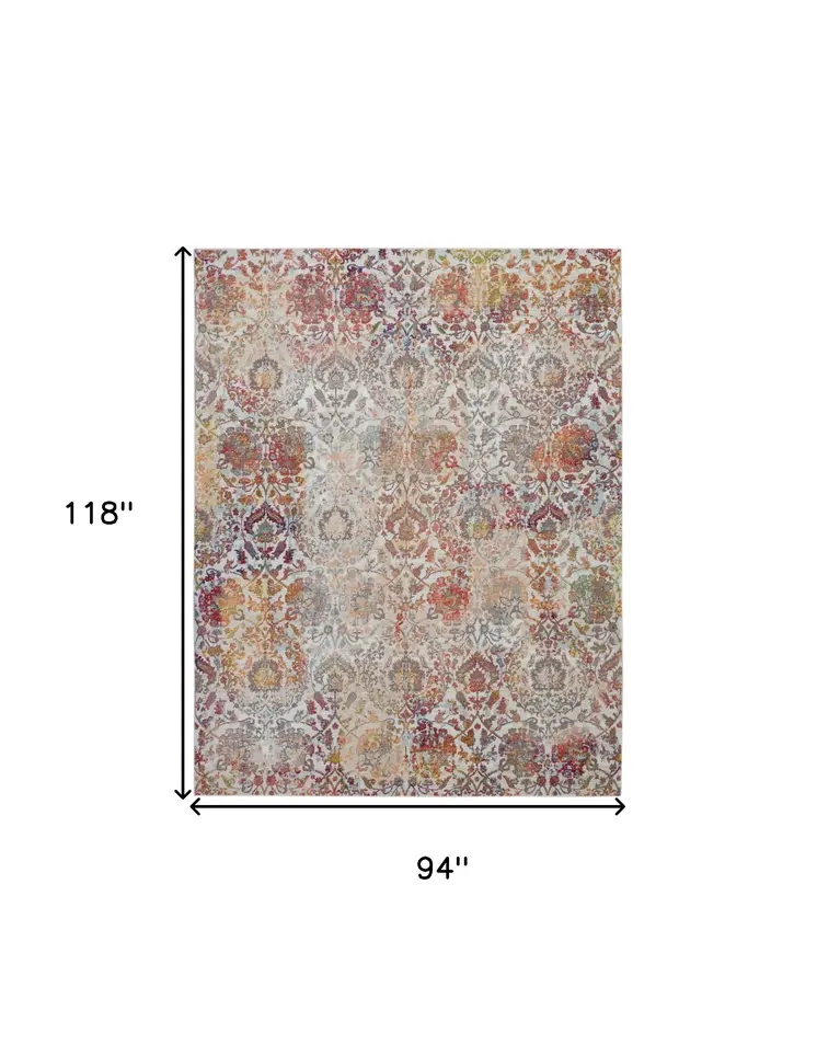 8' X 10' Ivory Gray and Orange Floral Distressed Non Skid Area Rug