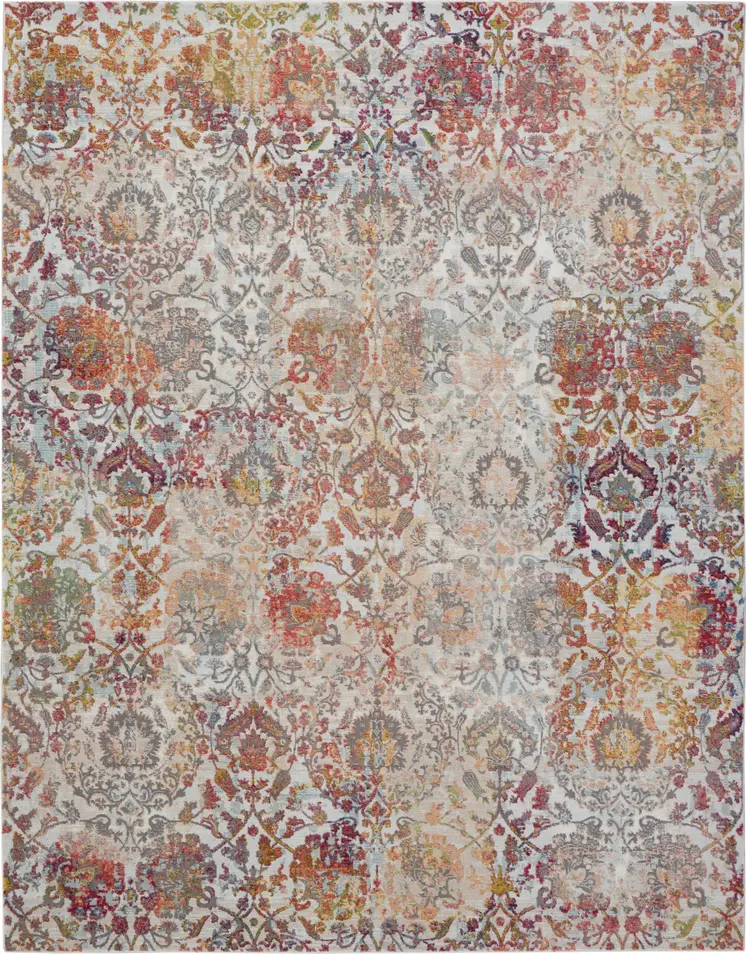 8' X 10' Ivory Gray and Orange Floral Distressed Non Skid Area Rug