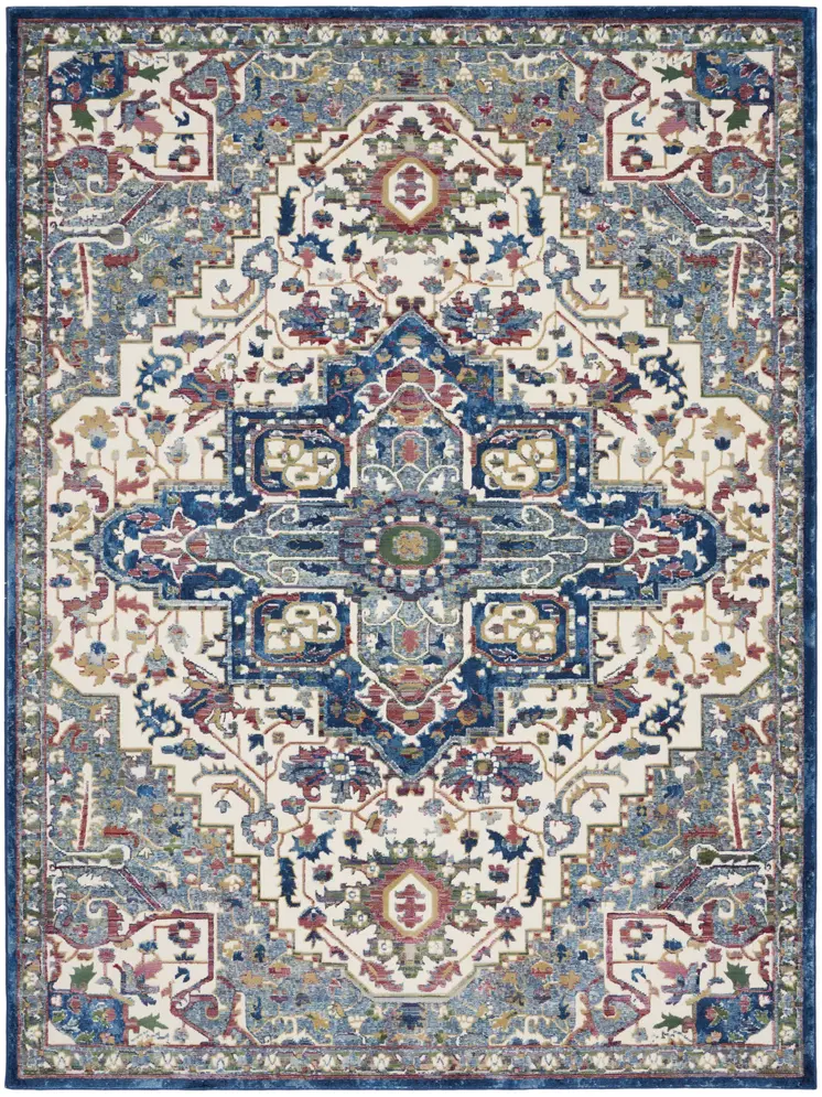 8' X 10' Navy Blue and Ivory Floral Medallion Distressed Non Skid Area Rug