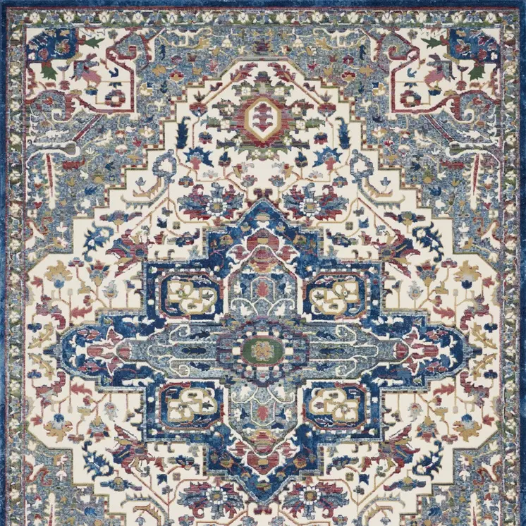 8' X 10' Navy Blue and Ivory Floral Medallion Distressed Non Skid Area Rug