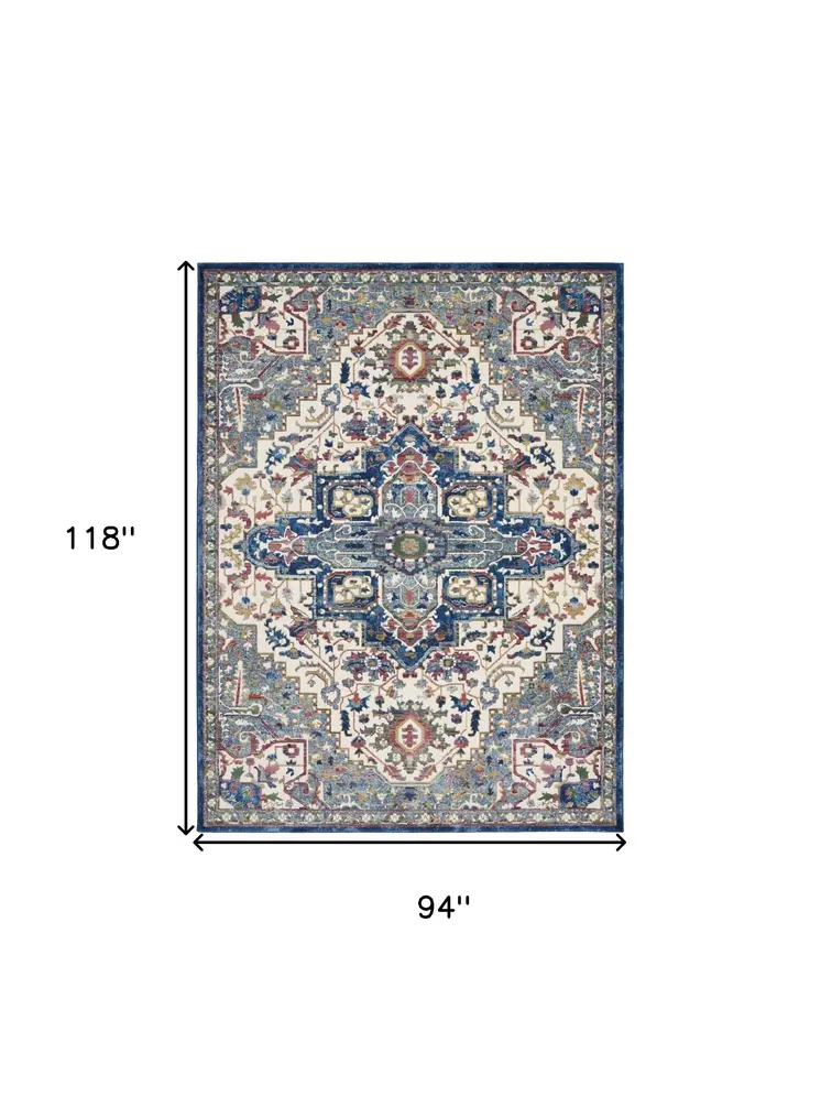 8' X 10' Navy Blue and Ivory Floral Medallion Distressed Non Skid Area Rug