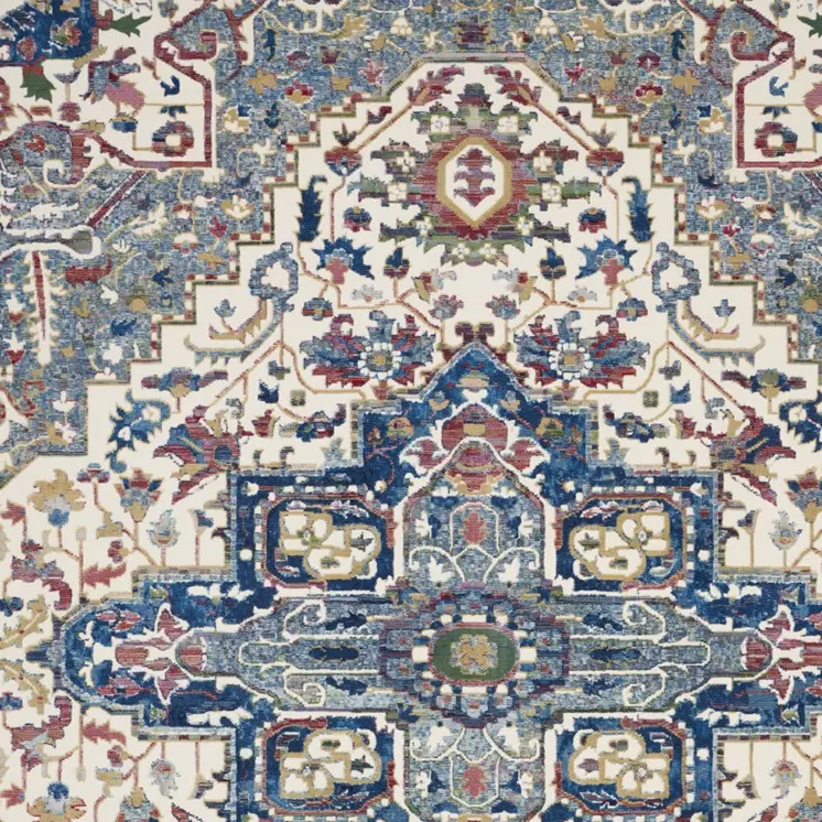 8' X 10' Navy Blue and Ivory Floral Medallion Distressed Non Skid Area Rug