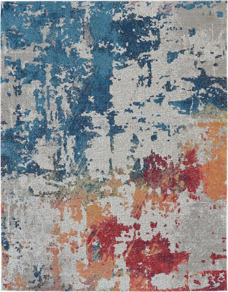 8' X 10' Ivory Red and Blue Abstract Distressed Non Skid Area Rug