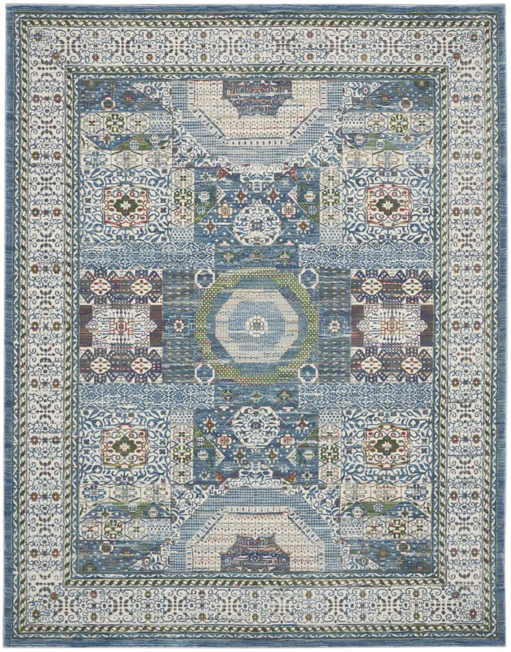 8' X 10' Ivory Blue and Green Oriental Distressed Non Skid Area Rug
