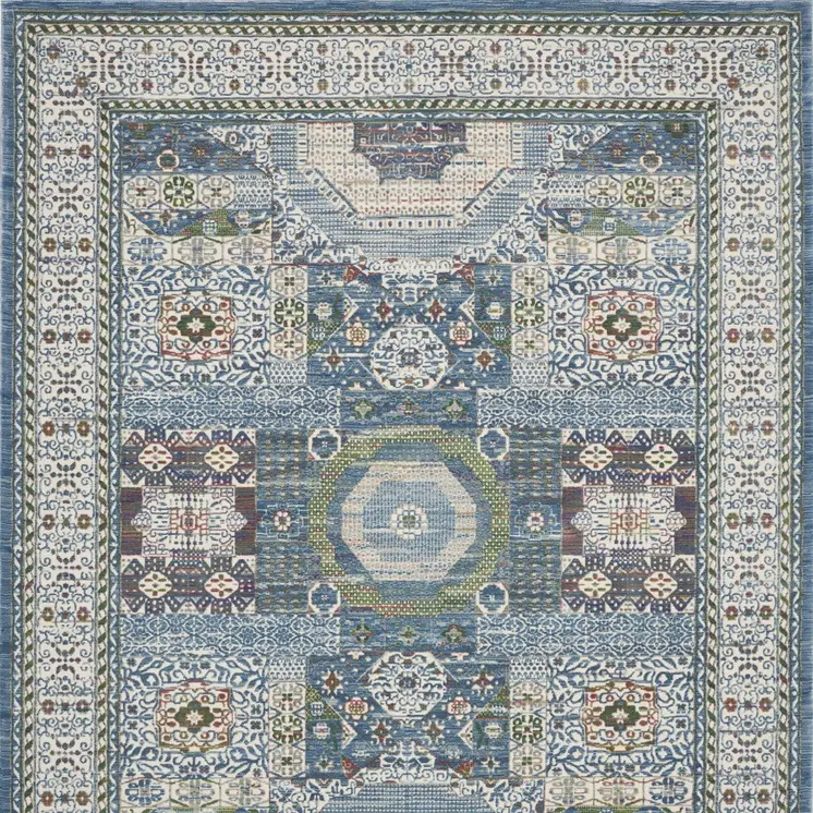 8' X 10' Ivory Blue and Green Oriental Distressed Non Skid Area Rug