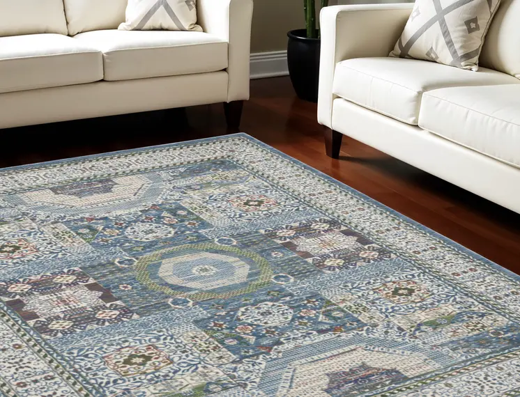 8' X 10' Ivory Blue and Green Oriental Distressed Non Skid Area Rug
