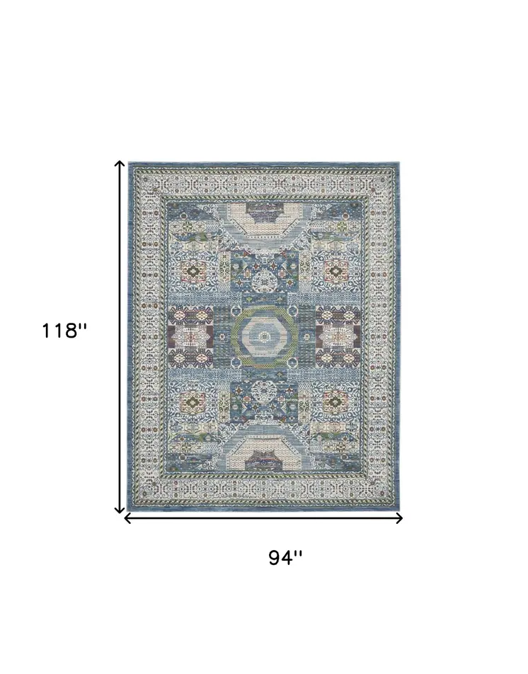 8' X 10' Ivory Blue and Green Oriental Distressed Non Skid Area Rug