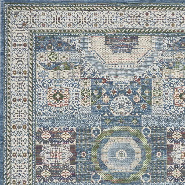 8' X 10' Ivory Blue and Green Oriental Distressed Non Skid Area Rug