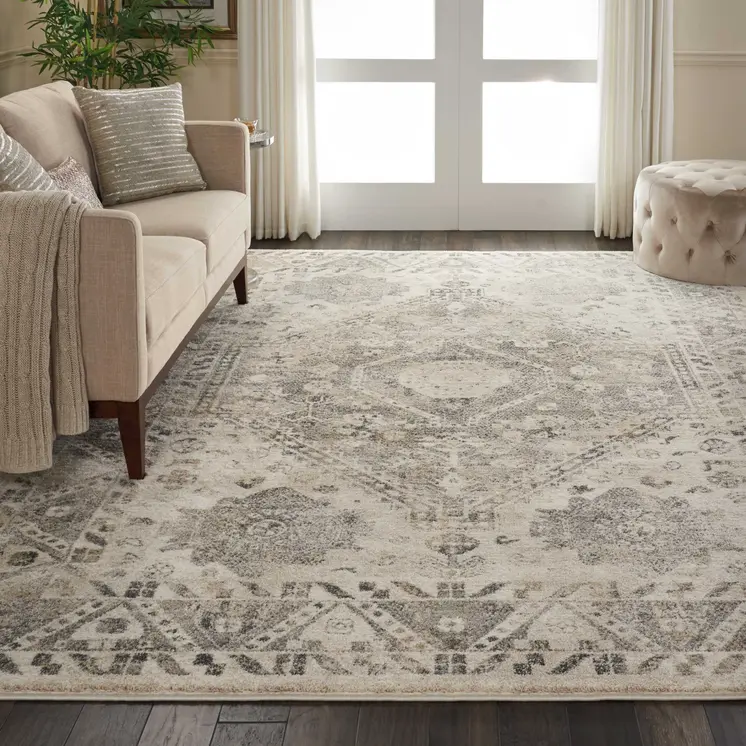 8' X 11' Cream and Gray Floral Distressed Area Rug