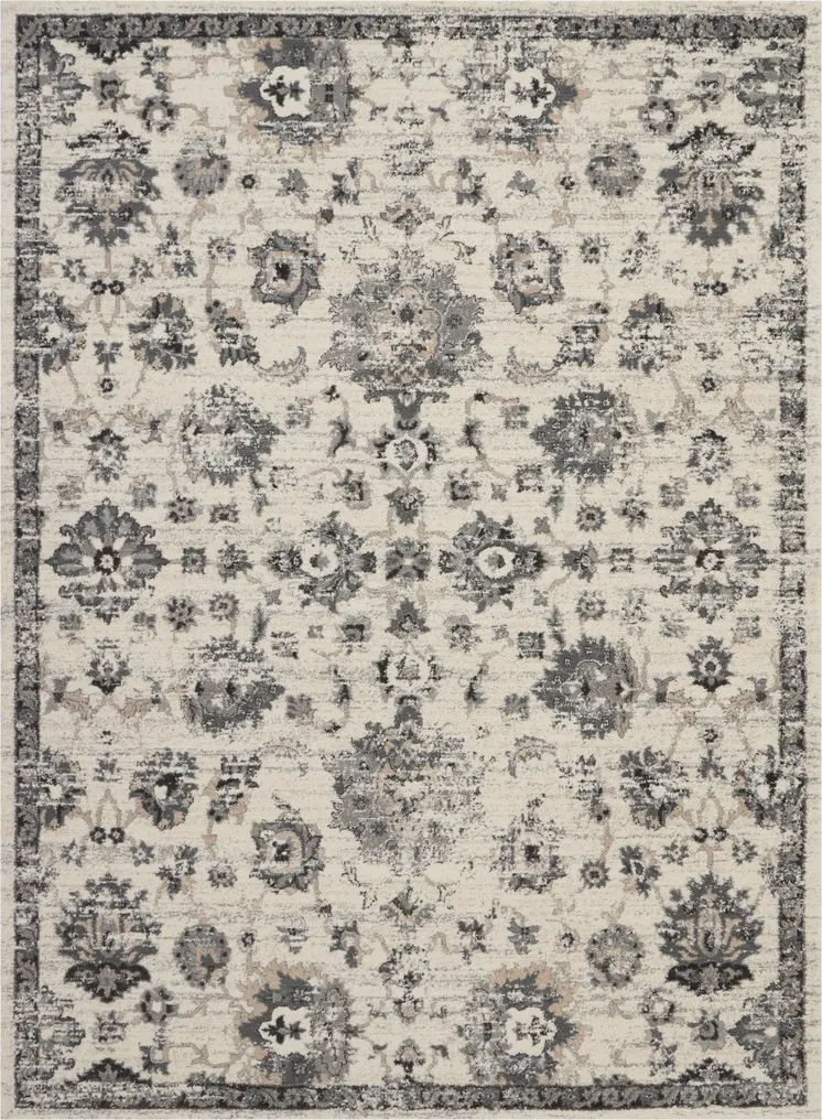 8' X 11' Cream and Gray Floral Distressed Area Rug