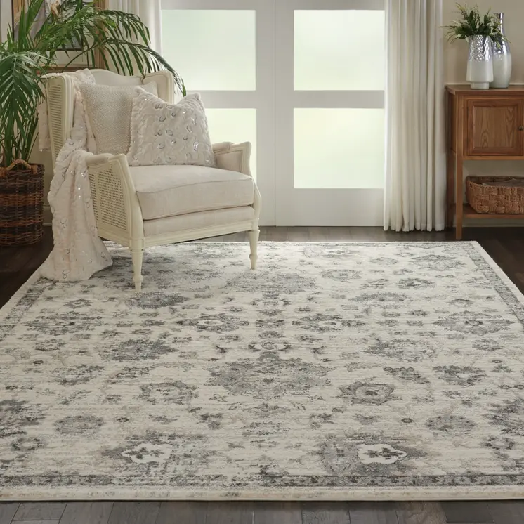 8' X 11' Cream and Gray Floral Distressed Area Rug
