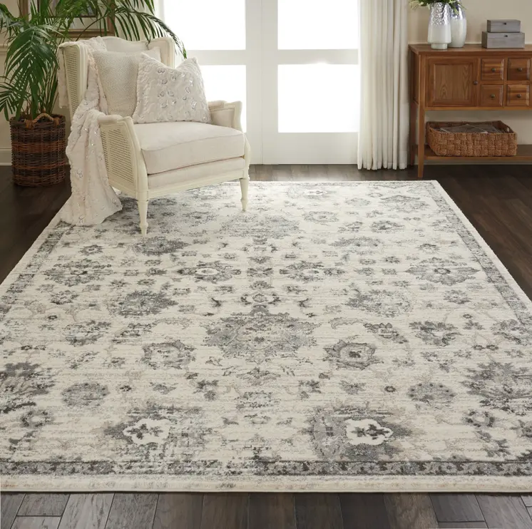 8' X 11' Cream and Gray Floral Distressed Area Rug