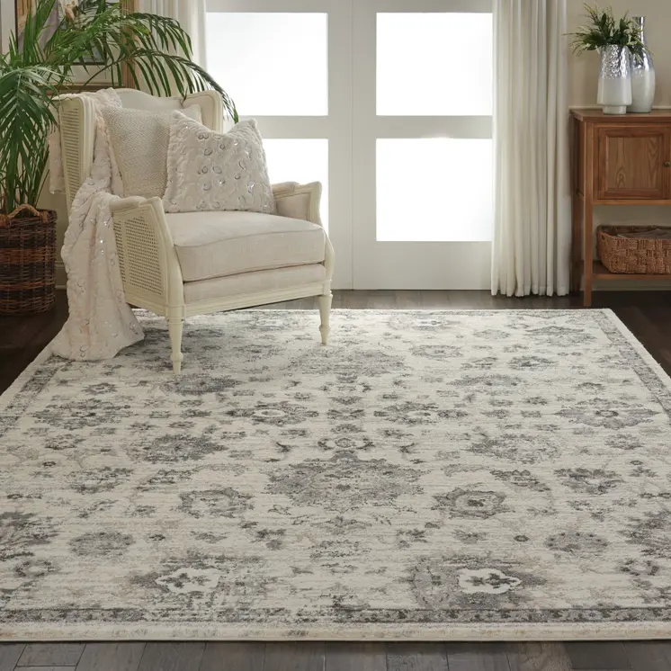 8' X 11' Cream and Gray Floral Distressed Area Rug