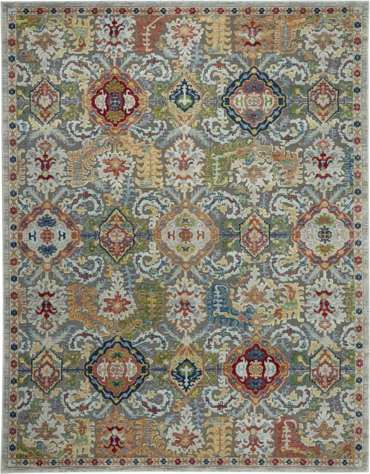 8' X 10' Blue Gray and Green Floral Distressed Non Skid Area Rug