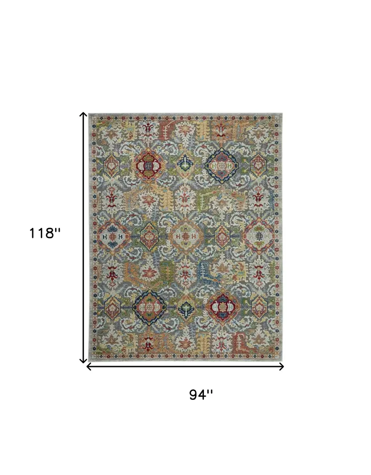 8' X 10' Blue Gray and Green Floral Distressed Non Skid Area Rug