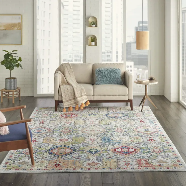 8' X 10' Blue Gray and Green Floral Distressed Non Skid Area Rug
