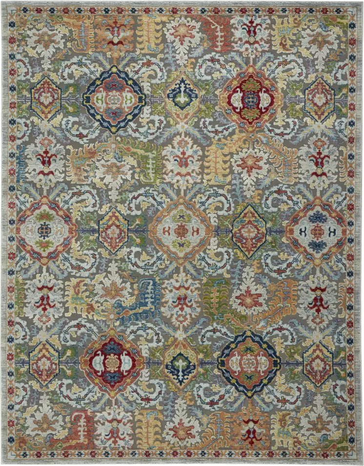 8' X 10' Blue Gray and Green Floral Distressed Non Skid Area Rug