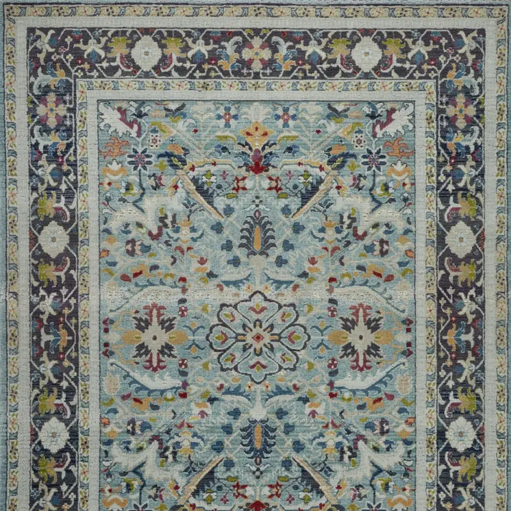 8' X 10' Teal Blue Orange and Black Floral Medallion Distressed Non Skid Area Rug