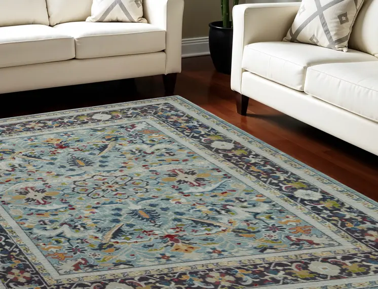 8' X 10' Teal Blue Orange and Black Floral Medallion Distressed Non Skid Area Rug