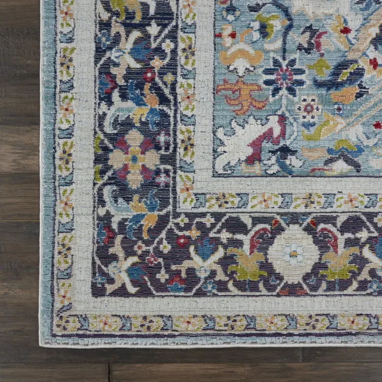 8' X 10' Teal Blue Orange and Black Floral Medallion Distressed Non Skid Area Rug