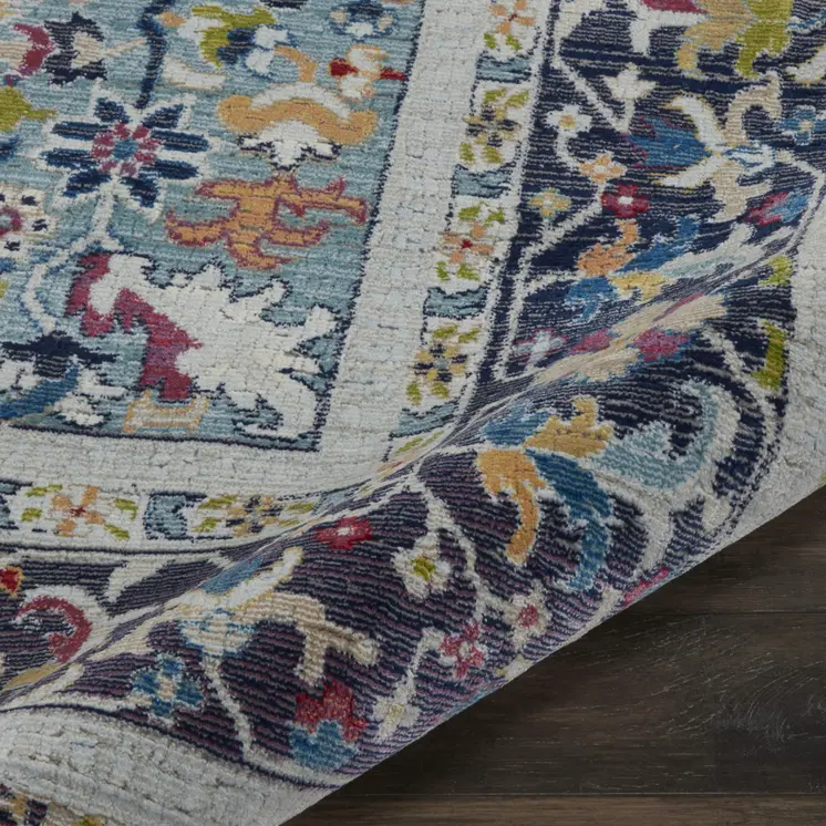 8' X 10' Teal Blue Orange and Black Floral Medallion Distressed Non Skid Area Rug