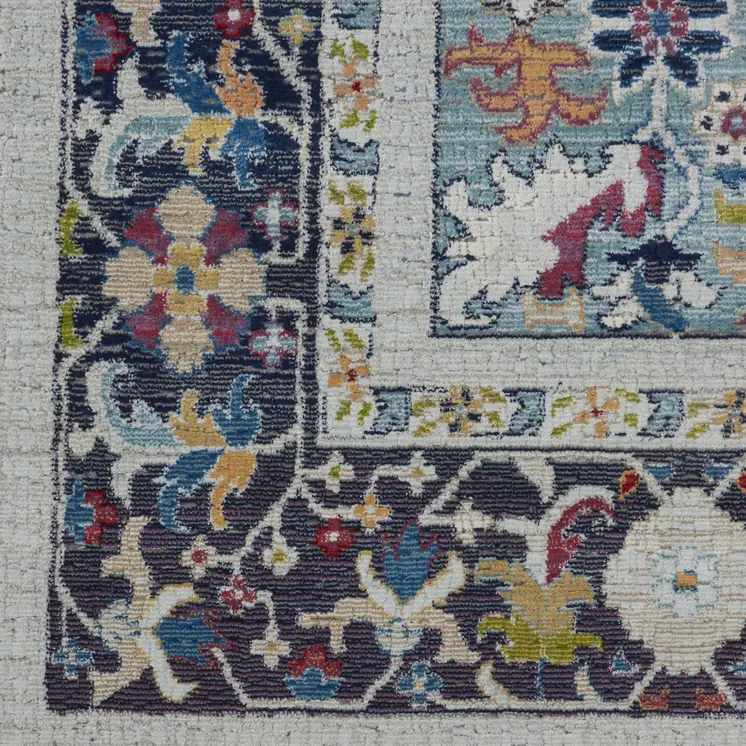 8' X 10' Teal Blue Orange and Black Floral Medallion Distressed Non Skid Area Rug