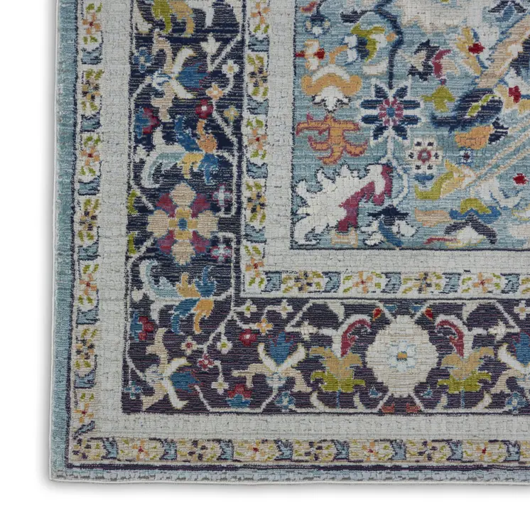 8' X 10' Teal Blue Orange and Black Floral Medallion Distressed Non Skid Area Rug