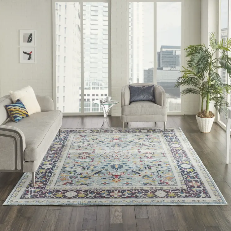 8' X 10' Teal Blue Orange and Black Floral Medallion Distressed Non Skid Area Rug