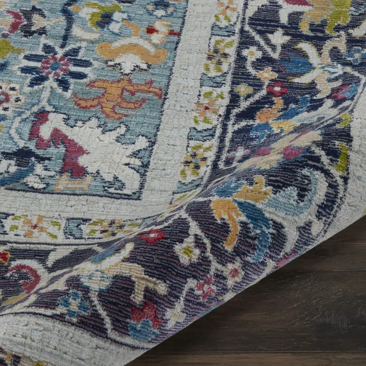 8' X 10' Teal Blue Orange and Black Floral Medallion Distressed Non Skid Area Rug